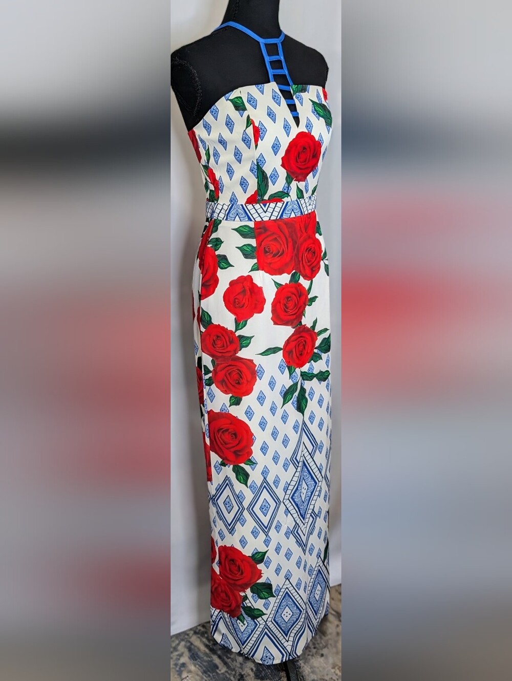 LUXMI Rose Floral Halter Maxi Dress Size S Blue Red High Slit